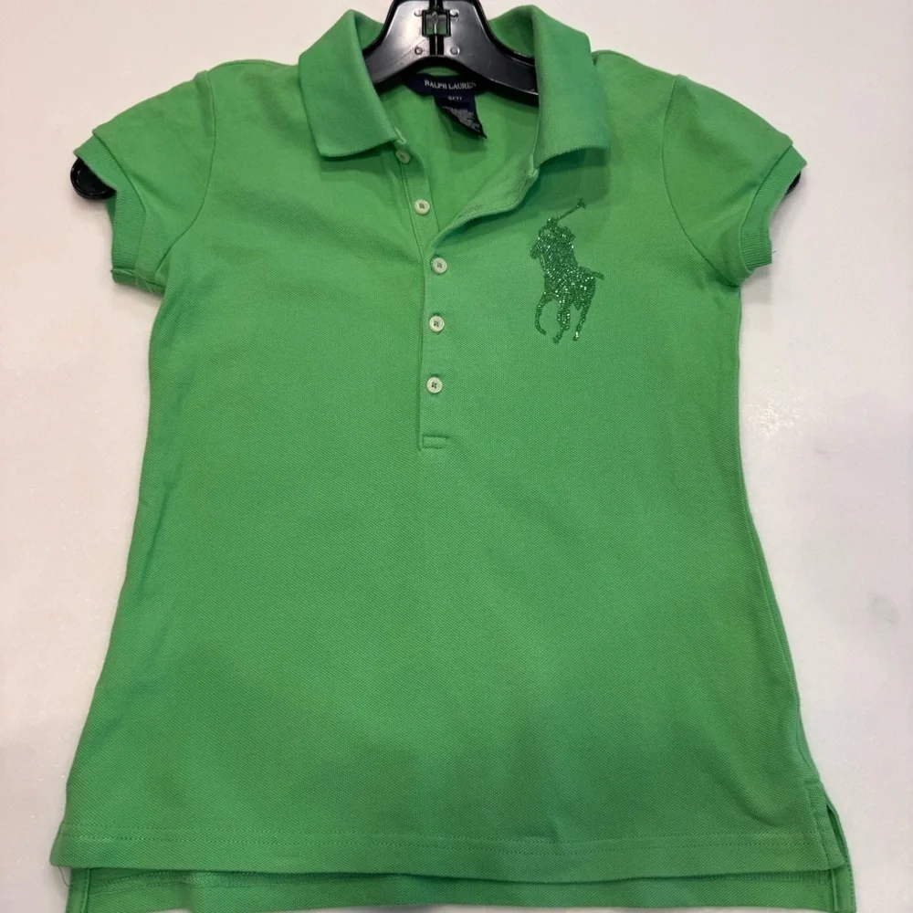 Ralph Lauren Girls Glitter Big Polo Shirt Green Short Sleeves Size Small (7)